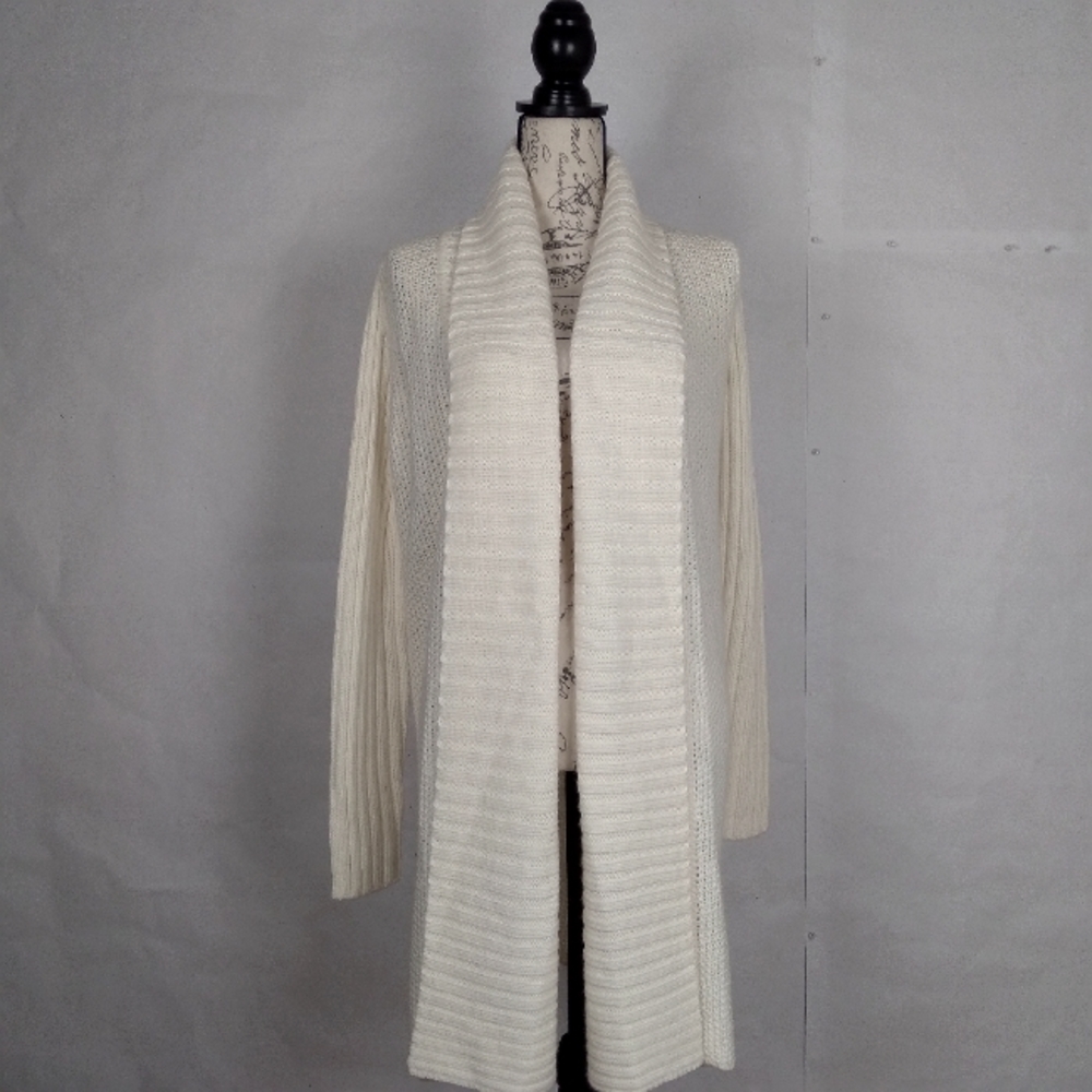 Bcbgmaxazria, mid length, long sleeve winter white cardigan size small.